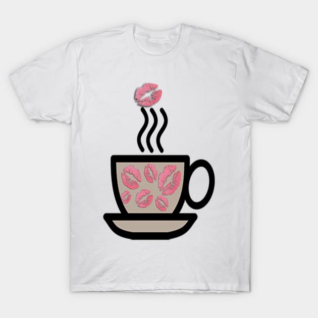 Coffee Lover Gifts, Cute Steaming Mug of Coffee with Pink Lips on Cup T-Shirt by tamdevo1